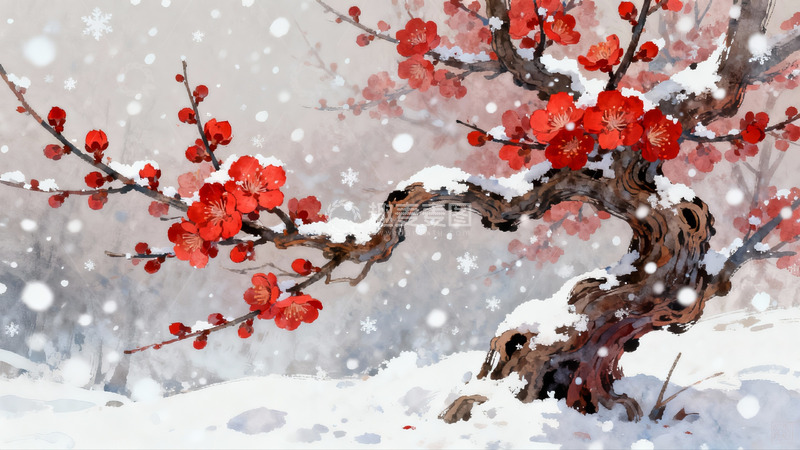 高清大图下载【趣麦麦图】雪中红梅绽放