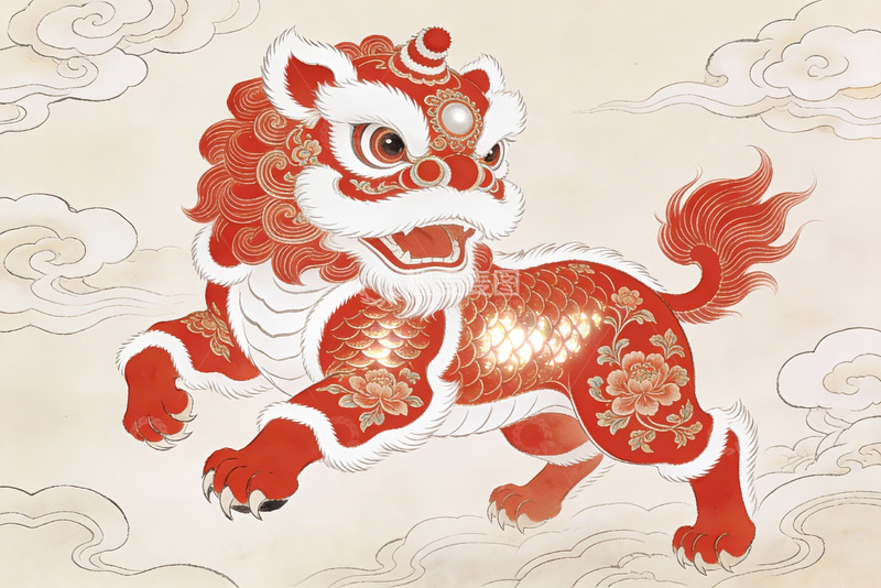 高清大图下载【趣麦麦图】红色祥瑞神兽跃云图