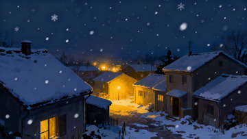 雪夜村庄灯火温馨