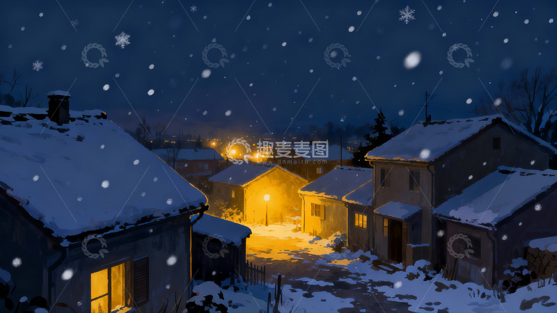 高清大图下载【趣麦麦图】雪夜村庄灯火温馨