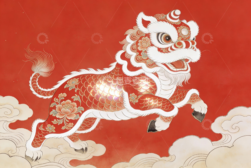 高清大图下载【趣麦麦图】红色背景下的舞狮艺术图案