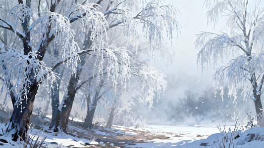 雪覆树枝雾气弥漫冬日景象