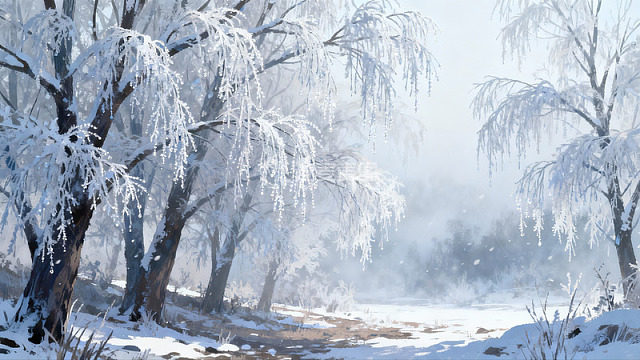 雪覆树枝雾气弥漫冬日景象