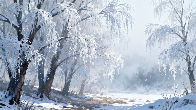 雪覆树枝雾气弥漫冬日景象