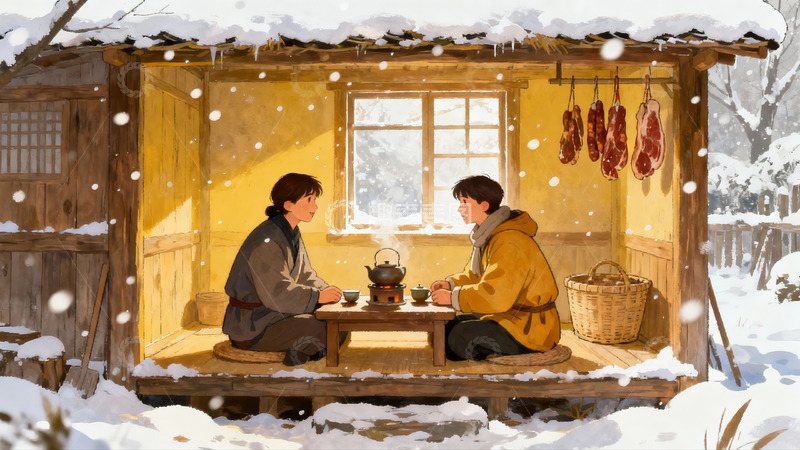 高清大图下载【趣麦麦图】雪中木屋二人围炉煮茶