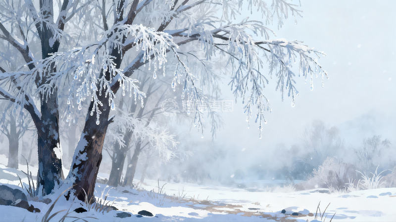 高清大图下载【趣麦麦图】雪覆树枝雾气弥漫冬日景象