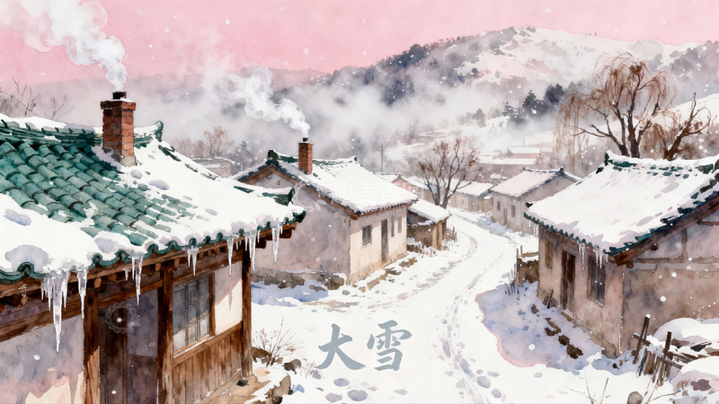 高清大图下载【趣麦麦图】雪后山村炊烟袅袅