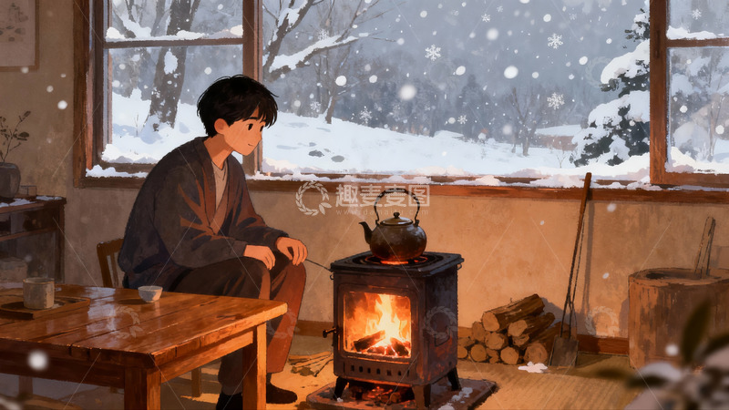 高清大图下载【趣麦麦图】雪夜室内围炉静坐图