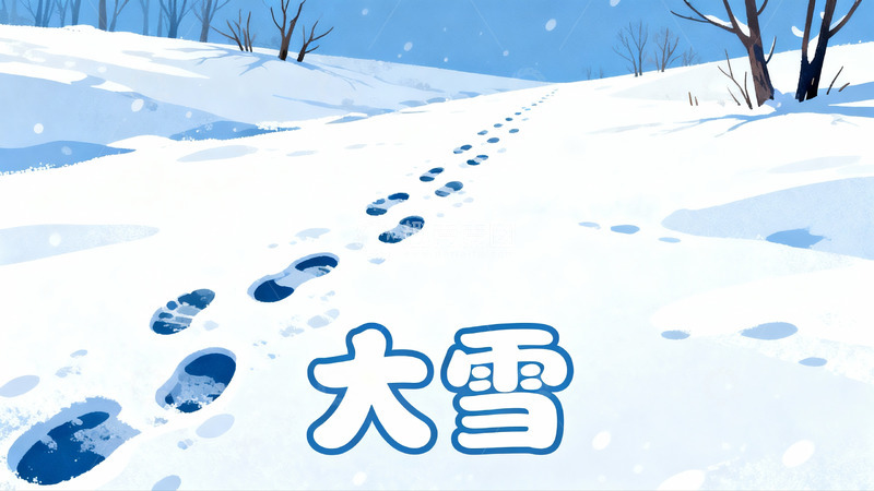 高清大图下载【趣麦麦图】雪地脚印延伸远方