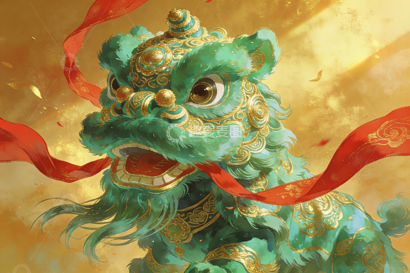高清大图下载【趣麦麦图】绿色舞狮头像艺术插画