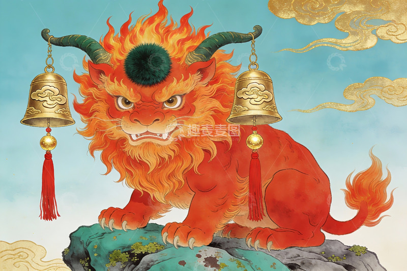高清大图下载【趣麦麦图】火焰神兽铃铛守护祥云
