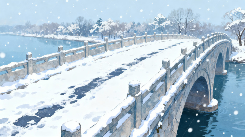 高清大图下载【趣麦麦图】雪中石桥流水冬景