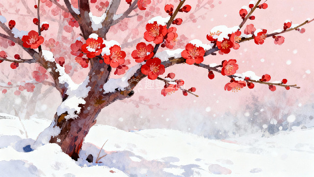 雪中红梅绽放
