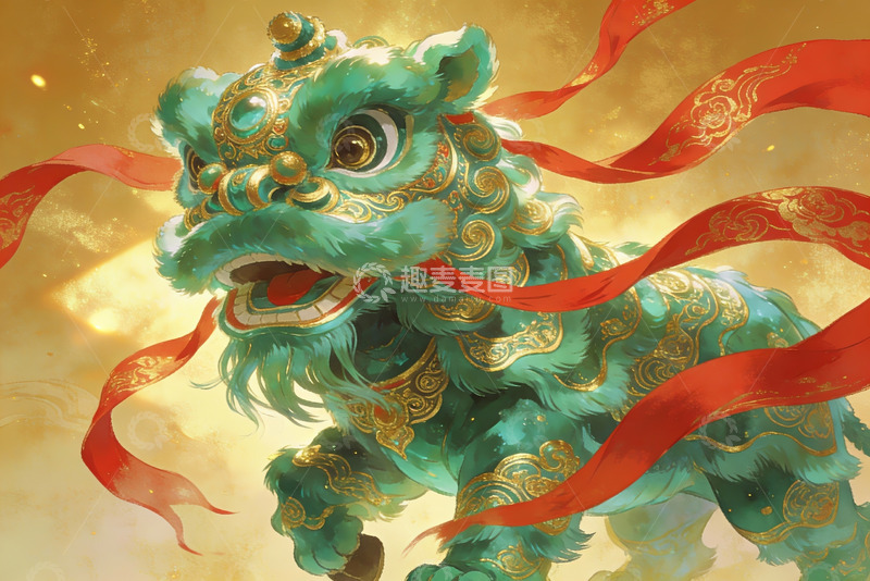 高清大图下载【趣麦麦图】绿色舞狮金色飘带