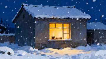 雪夜小屋灯火温暖