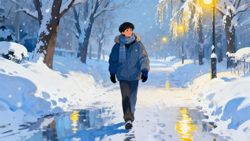雪夜街头行人漫步