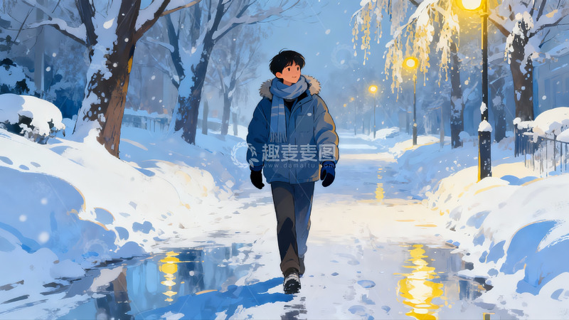 高清大图下载【趣麦麦图】雪夜街头行人漫步