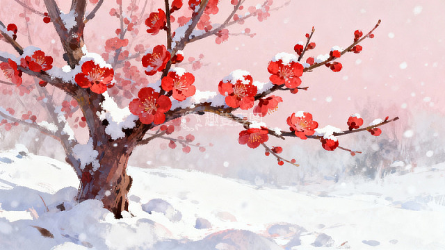 雪中红梅绽放