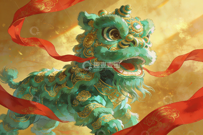 高清大图下载【趣麦麦图】绿色舞狮装饰画
