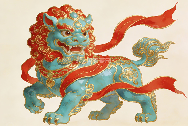 高清大图下载【趣麦麦图】蓝色神兽祥云飘带图案