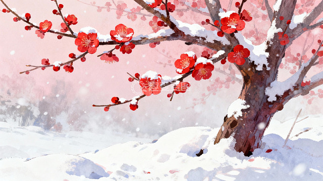 雪中红梅绽放
