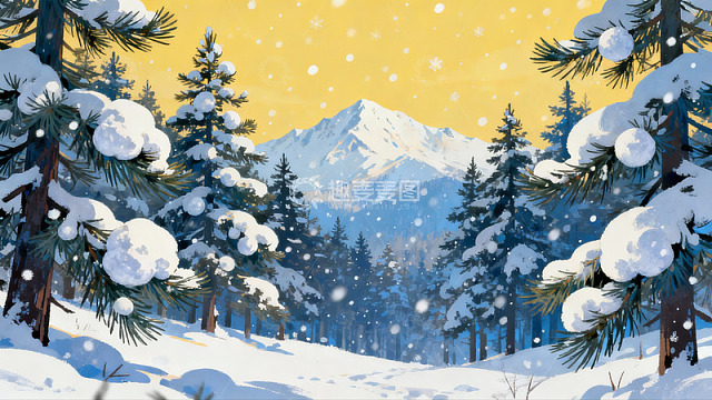 雪覆松林雪山冬景