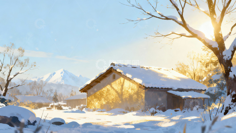 高清大图下载【趣麦麦图】雪后阳光照耀下的乡村小屋