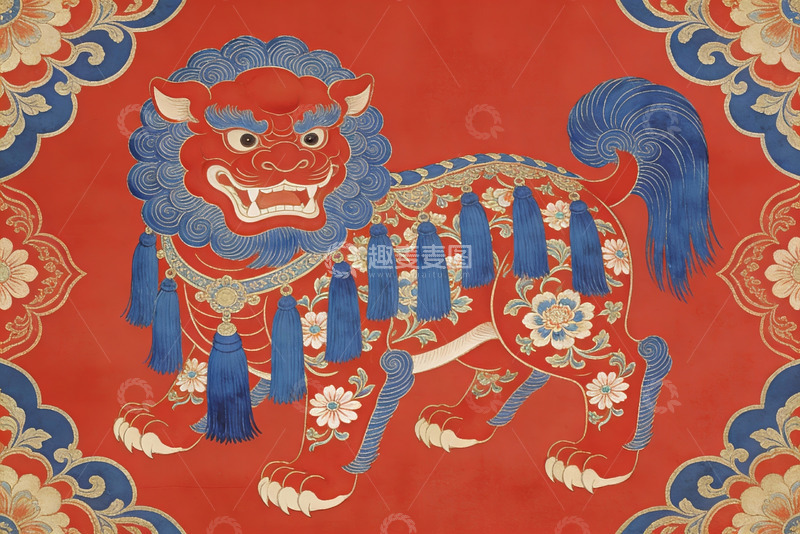 高清大图下载【趣麦麦图】红色背景上的蓝色狮子图案