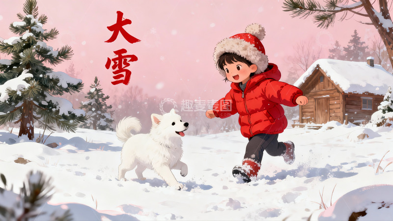 高清大图下载【趣麦麦图】雪地奔跑的孩童与白犬