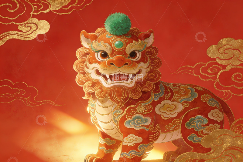 高清大图下载【趣麦麦图】红色背景下的中国瑞兽雕像