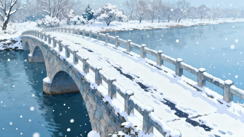 高清大图下载【趣麦麦图】雪景石桥流水冬日画卷