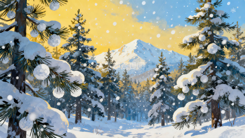 高清大图下载【趣麦麦图】雪覆松林雪山冬景