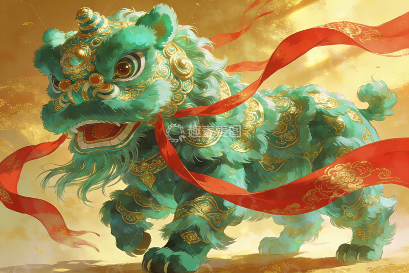 高清大图下载【趣麦麦图】青色舞狮装饰画