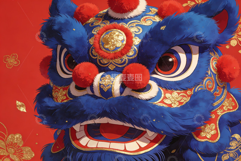 高清大图下载【趣麦麦图】蓝色舞狮头特写红色背景