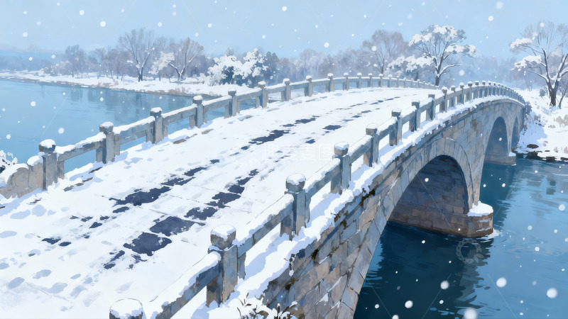 高清大图下载【趣麦麦图】雪中古桥流水冬景