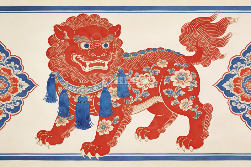高清大图下载【趣麦麦图】中国传统红色瑞兽图案装饰画