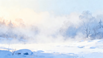 雪雾缭绕的冬日森林景象