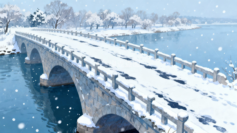 高清大图下载【趣麦麦图】雪中古桥流水冬景图