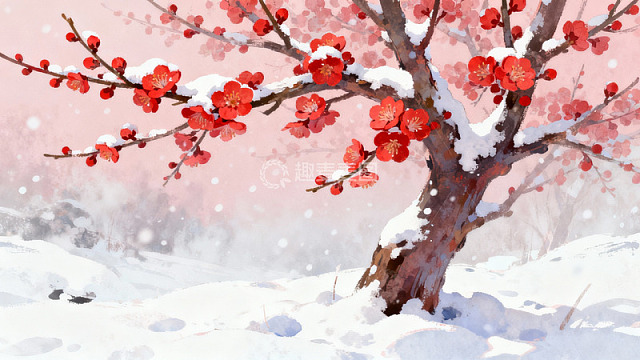 雪中红梅绽放