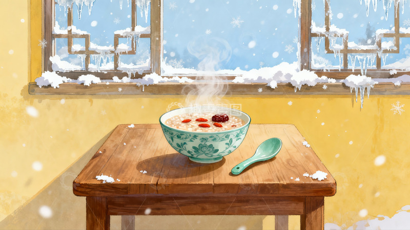 高清大图下载【趣麦麦图】冬日窗前热粥暖心