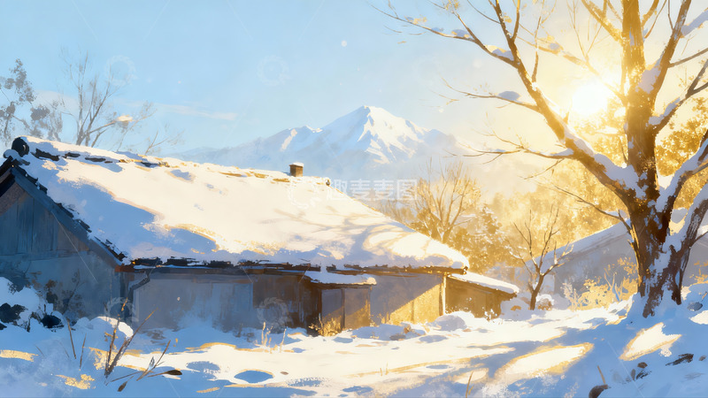 高清大图下载【趣麦麦图】雪覆小屋山景日出