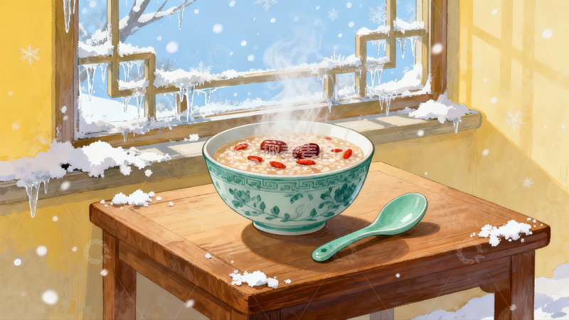 高清大图下载【趣麦麦图】窗边热粥雪景图