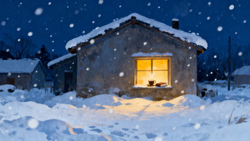 雪夜小屋灯火温暖