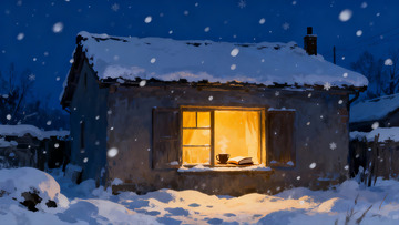 雪夜小屋灯火温暖