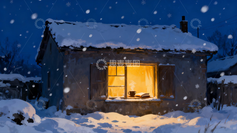 高清大图下载【趣麦麦图】雪夜小屋灯火温暖