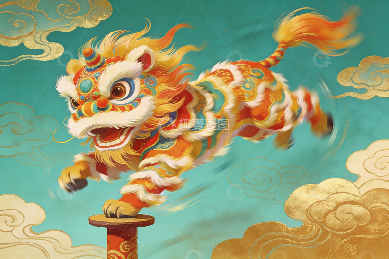 高清大图下载【趣麦麦图】色彩斑斓的舞狮跃于云端之上