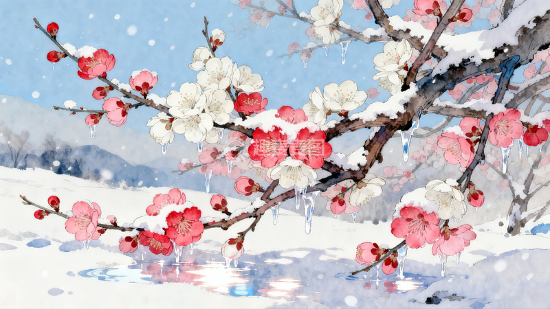 高清大图下载【趣麦麦图】雪中梅花绽放美景
