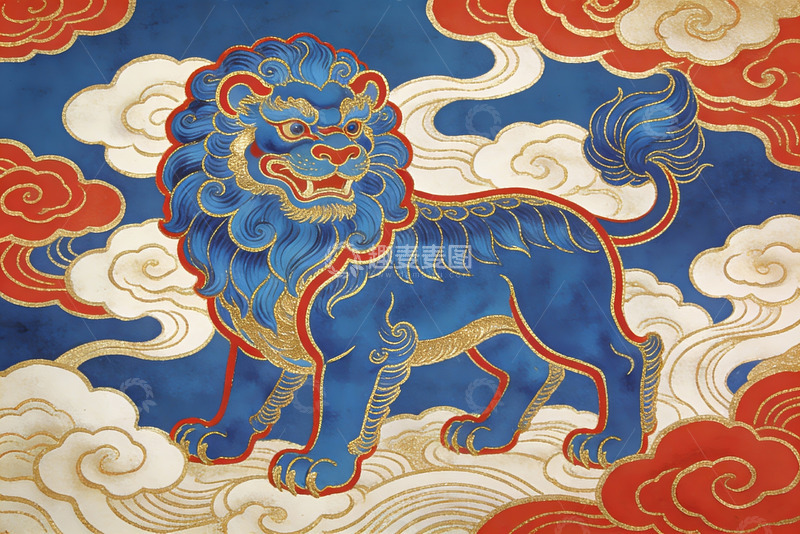 高清大图下载【趣麦麦图】蓝色祥云瑞兽图案艺术画