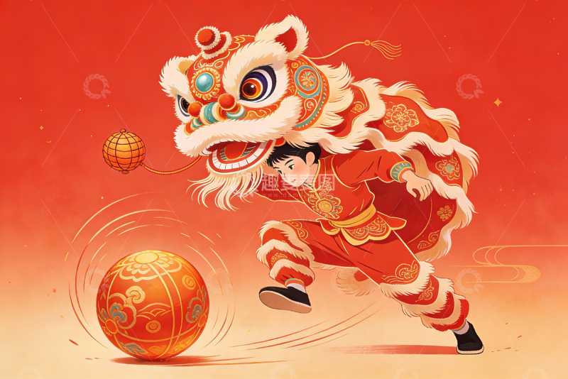 高清大图下载【趣麦麦图】舞狮少年踢球迎新春