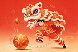 舞狮少年踢球迎新春